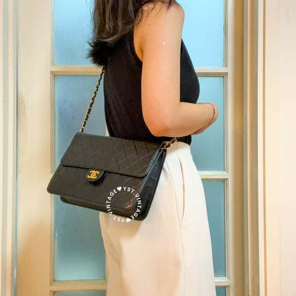 Vintage Chanel Push-Lock 25cm Square Flap Bag - Black x Gold 002