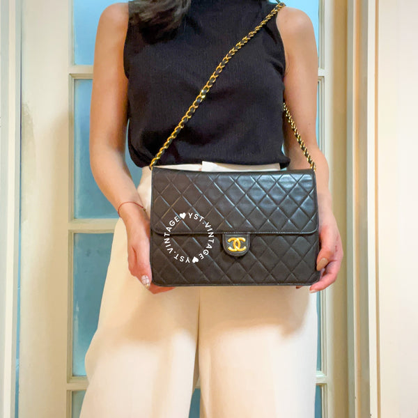 Vintage Chanel Push-Lock 25cm Square Flap Bag - Black x Gold 002