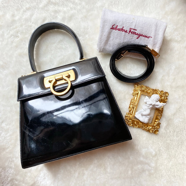 Vintage Salvatore Ferragamo Gancini 2-way (S Size) - Black Patent Leather