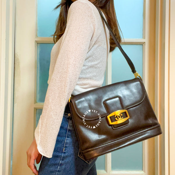 Vintage Gucci 1980's GG Gold Hardware Shoulder Bag - Dark Chocolate Brown