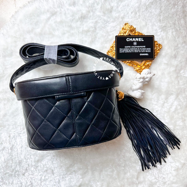 Vintage Chanel Leather Strap Vanity Bag with Tassel - Black