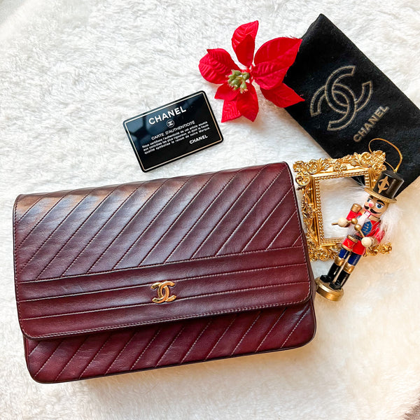 Vintage Chanel Single Flap Bag - Burgundy x Gold 003