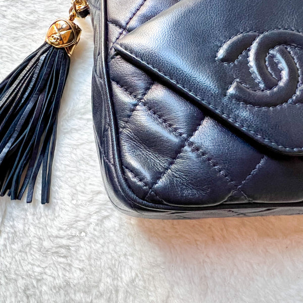 Vintage Chanel Square Camera Bag With Tassel - Navy 002