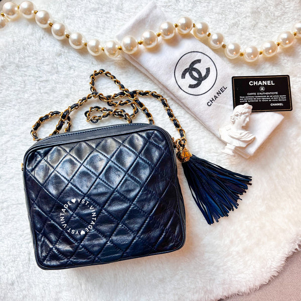 Vintage Chanel Square Camera Bag With Tassel - Navy 002