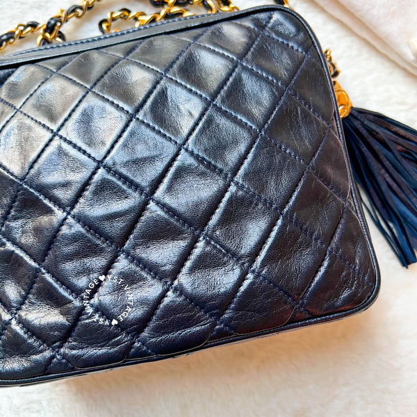 Vintage Chanel Square Camera Bag With Tassel - Navy 002