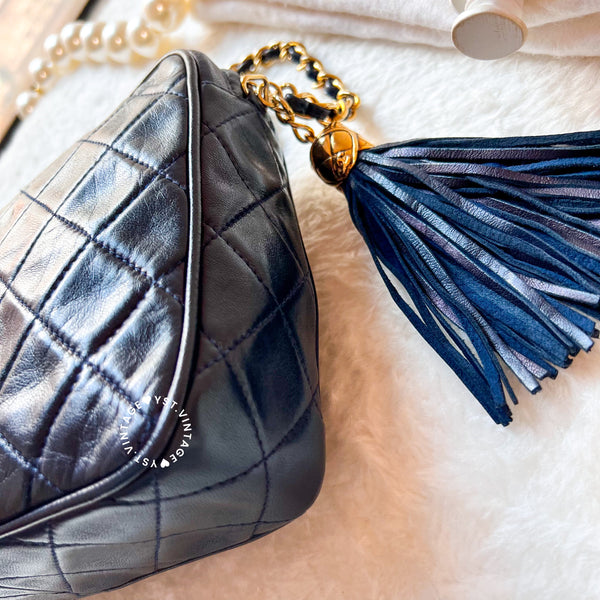 Vintage Chanel Square Camera Bag With Tassel - Navy 002