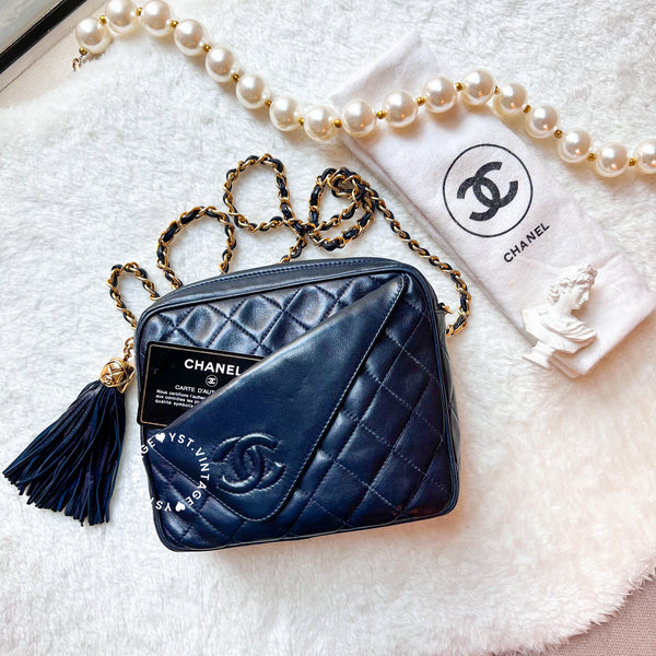 Vintage Chanel Square Camera Bag With Tassel - Navy 002