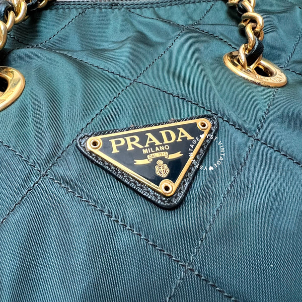 Vintage Prada Quilted Nylon & Saffiano Shoulder Bag - Dark Green*Gold