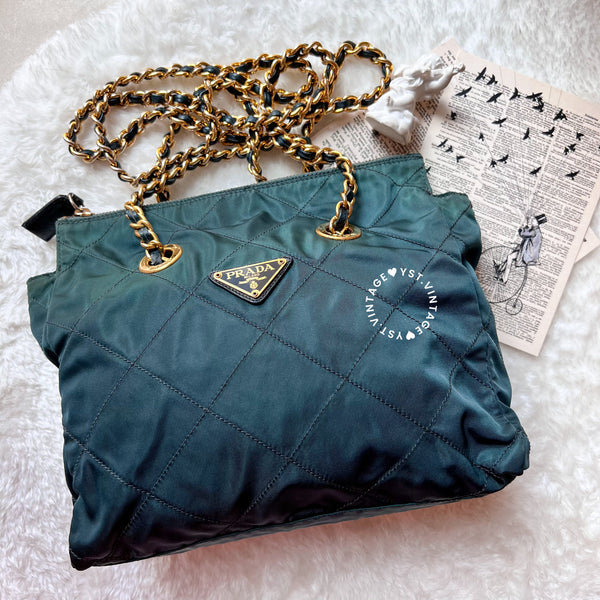 Vintage Prada Quilted Nylon & Saffiano Shoulder Bag - Dark Green*Gold
