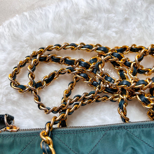 Vintage Prada Quilted Nylon & Saffiano Shoulder Bag - Dark Green*Gold