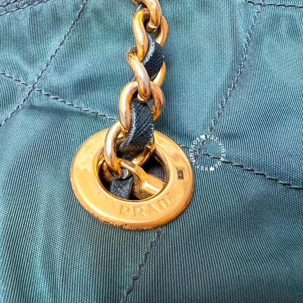 Vintage Prada Quilted Nylon & Saffiano Shoulder Bag - Dark Green*Gold