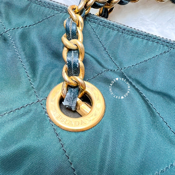 Vintage Prada Quilted Nylon & Saffiano Shoulder Bag - Dark Green*Gold