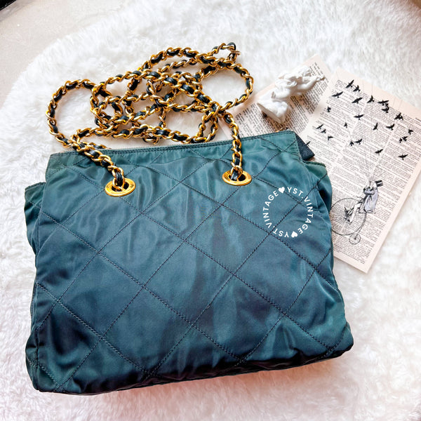 Vintage Prada Quilted Nylon & Saffiano Shoulder Bag - Dark Green*Gold