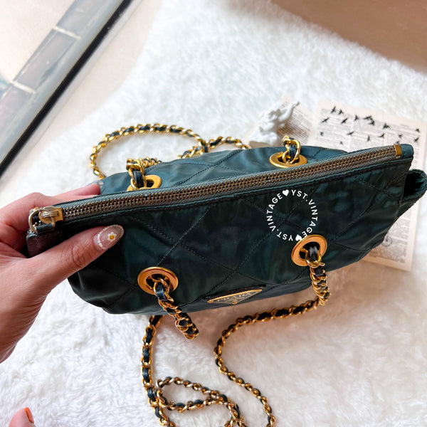 Vintage Prada Quilted Nylon & Saffiano Shoulder Bag - Dark Green*Gold