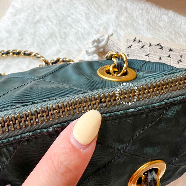 Vintage Prada Quilted Nylon & Saffiano Shoulder Bag - Dark Green*Gold