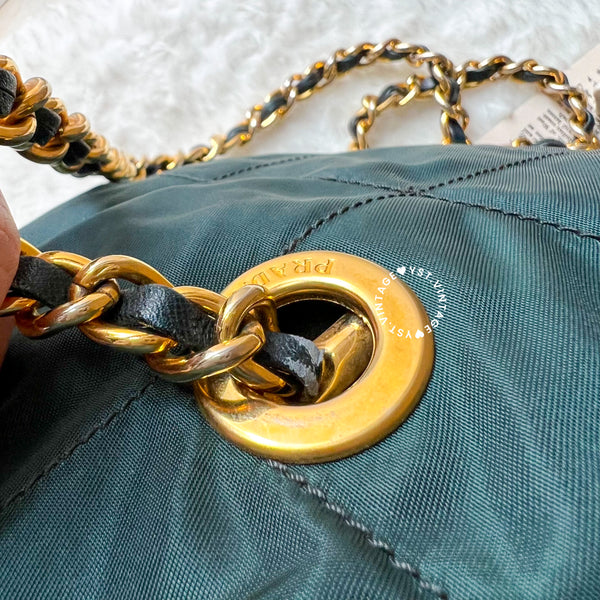 Vintage Prada Quilted Nylon & Saffiano Shoulder Bag - Dark Green*Gold