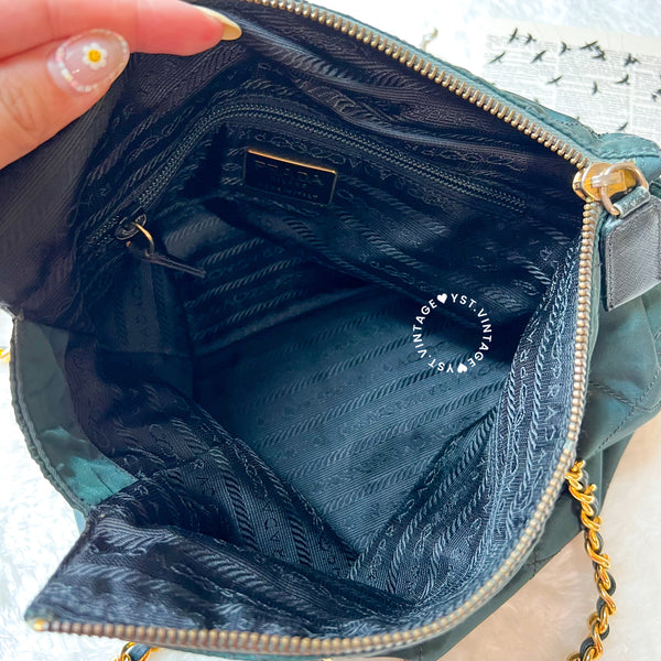Vintage Prada Quilted Nylon & Saffiano Shoulder Bag - Dark Green*Gold