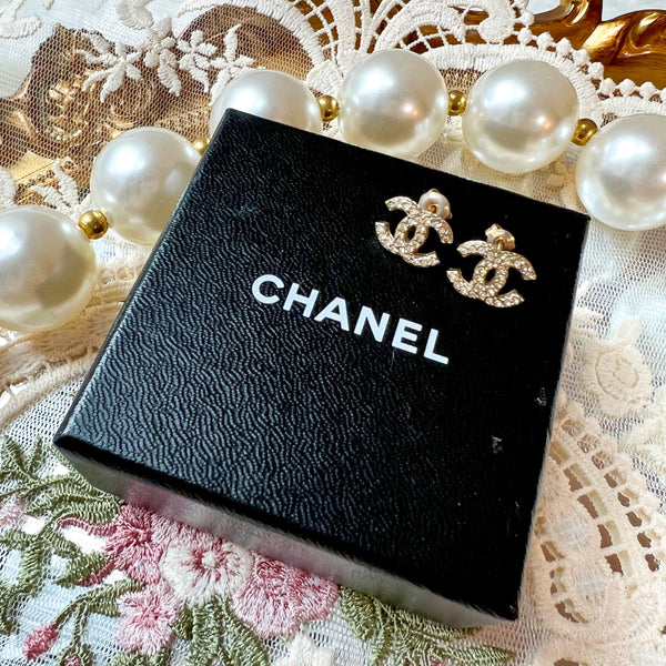 Vintage Chanel Champagne Gold Metal and Rhinestone Coco Mark Earrings