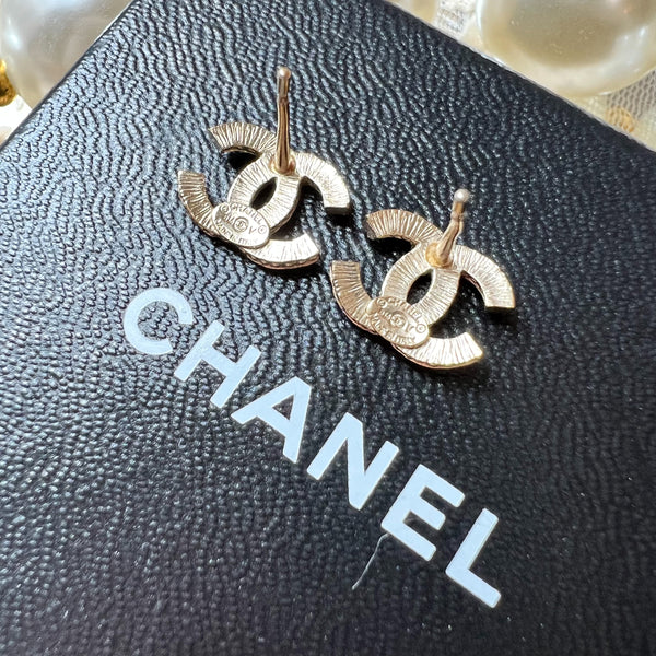 Vintage Chanel Champagne Gold Metal and Rhinestone Coco Mark Earrings