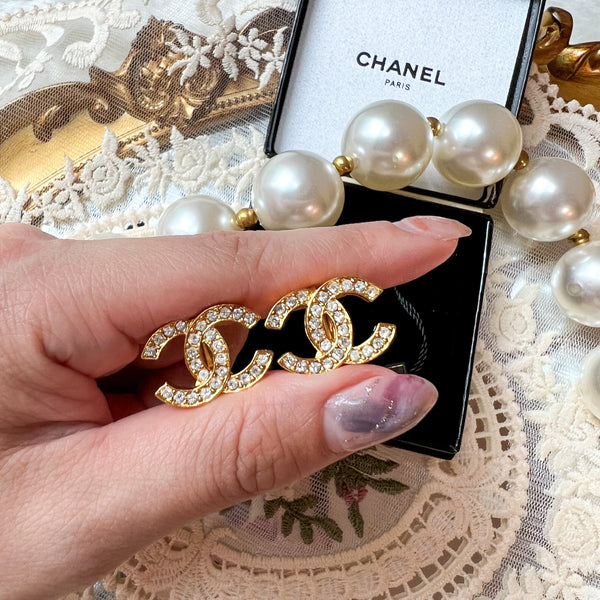 Vintage Chanel 24KGP and Rhinestone 1980s Coco Mark Ear Clips