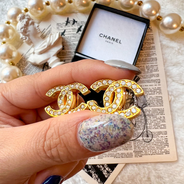 Vintage Chanel 24KGP and Rhinestone 1980s Coco Mark Ear Clips 003