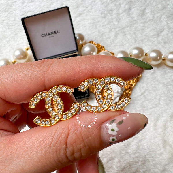 Vintage Chanel 24KGP and Rhinestone 1980s Coco Mark Ear Clips 003