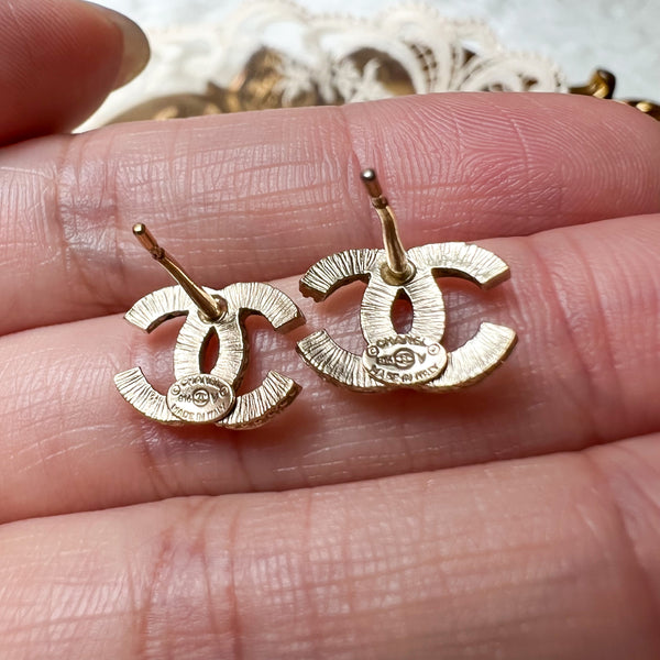 Vintage Chanel Champagne Gold Metal and Rhinestone Coco Mark Earrings