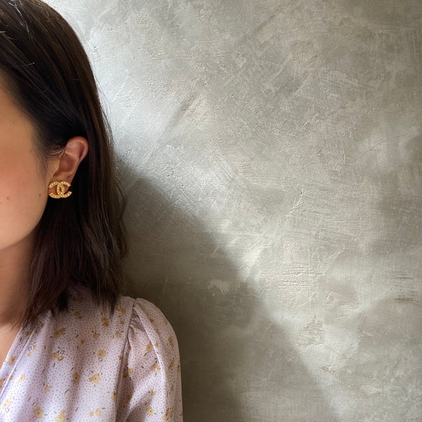 Vintage Chanel 24KGP and Rhinestone 1980s Coco Mark Ear Clips