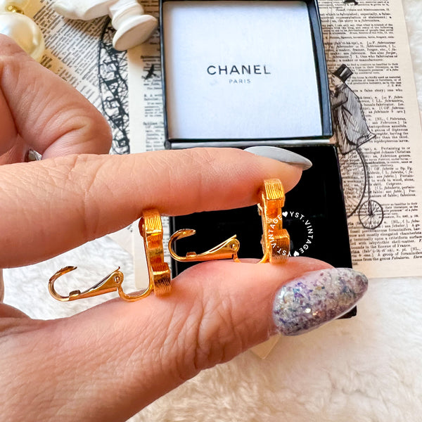 Vintage Chanel 24KGP and Rhinestone 1980s Coco Mark Ear Clips 003