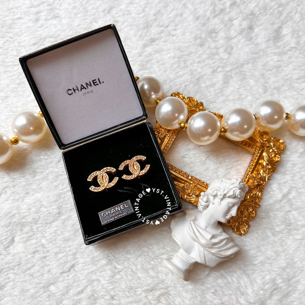 Vintage Chanel 24KGP and Rhinestone 1980s Coco Mark Ear Clips 003