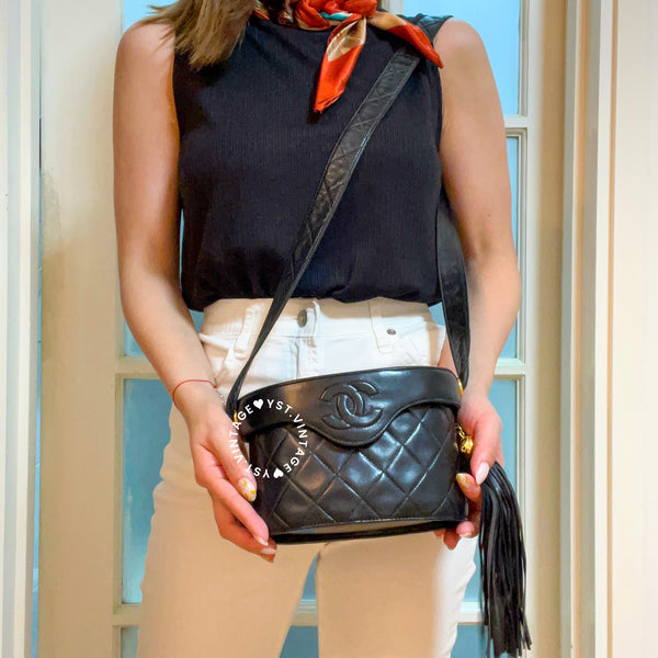 Vintage Chanel Leather Strap Vanity Bag with Tassel - Black
