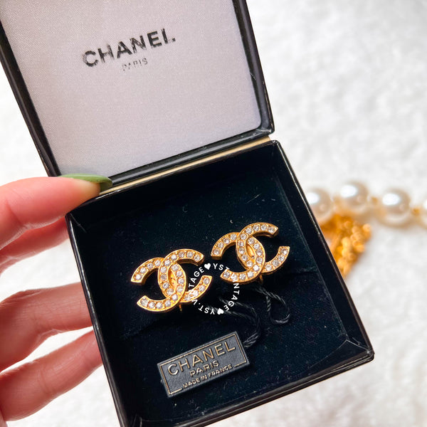 Vintage Chanel 24KGP and Rhinestone 1980s Coco Mark Ear Clips 003