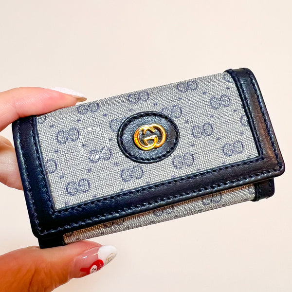 Vintage Gucci 1980s Micro GG Key Case (4 Key Rings) - Navy