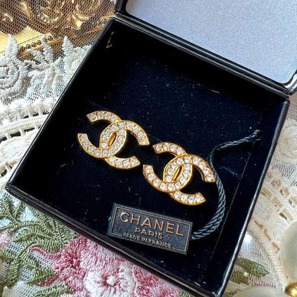 Vintage Chanel 24KGP and Rhinestone 1980s Coco Mark Ear Clips