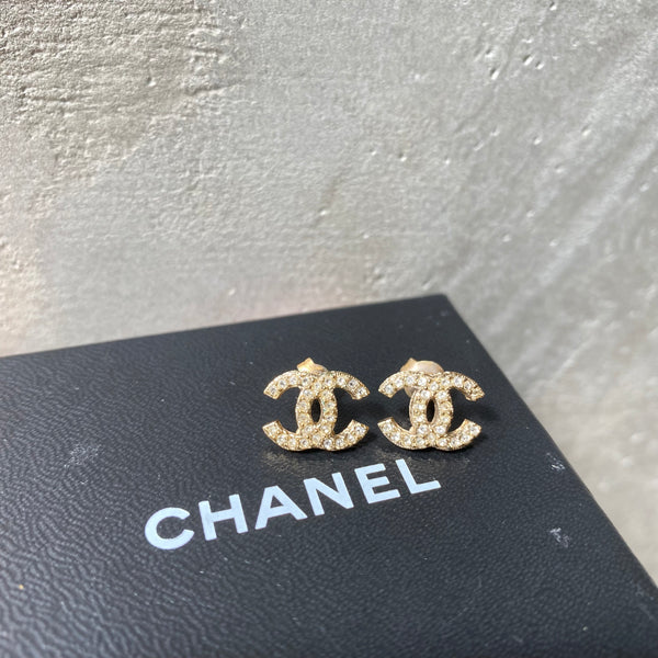 Vintage Chanel Champagne Gold Metal and Rhinestone Coco Mark Earrings