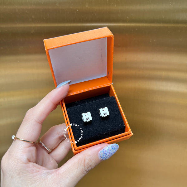 Vintage HERMÈS Cage d'H Earrings 002 - Sliver*White