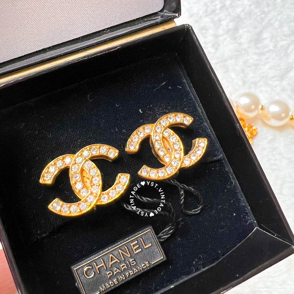 Vintage Chanel 24KGP and Rhinestone 1980s Coco Mark Ear Clips 003