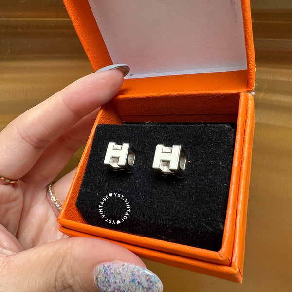 Vintage HERMÈS Cage d'H Earrings 002 - Sliver*White