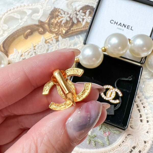 Vintage Chanel 24KGP and Rhinestone 1980s Coco Mark Ear Clips