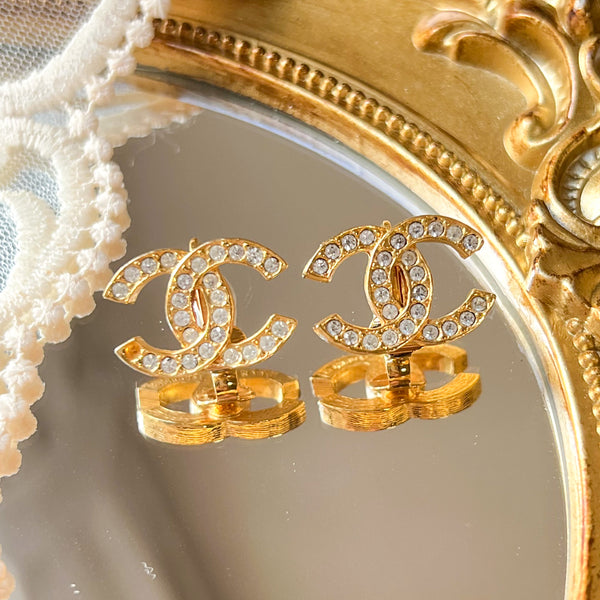 Vintage Chanel 24KGP and Rhinestone 1980s Coco Mark Ear Clips 002