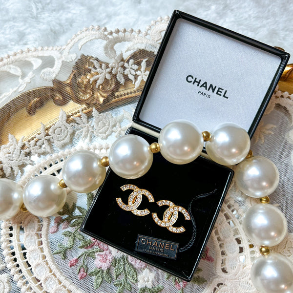Vintage Chanel 24KGP and Rhinestone 1980s Coco Mark Ear Clips