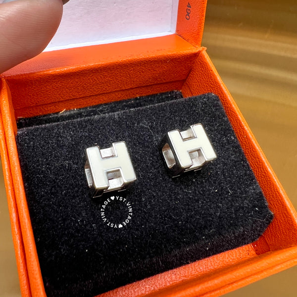 Vintage HERMÈS Cage d'H Earrings 002 - Sliver*White