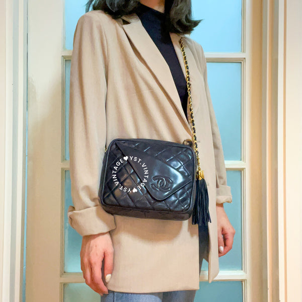 Vintage Chanel Square Camera Bag With Tassel - Navy 002