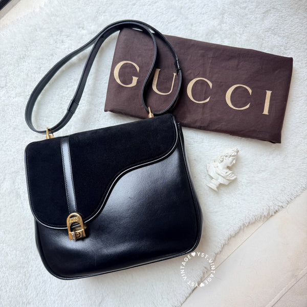 Vintage Gucci 1970's Suede & Box Leather Saddle Constance Bag - Black