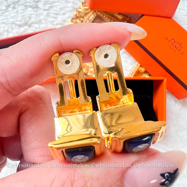 Vintage HERMÈS Émail Shippo H Pattern Ear Clips - Navy