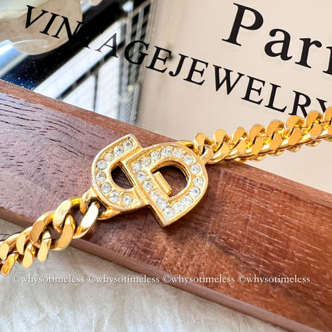 Vintage Dior CD Gold-Finish Metal with Rhinestone Bracelet
