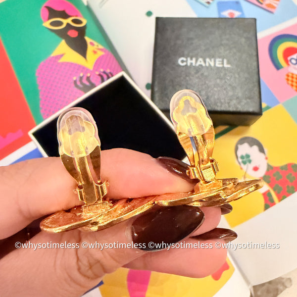 Vintage Chanel 24KGP Quilted Bird Motif Ear Clips