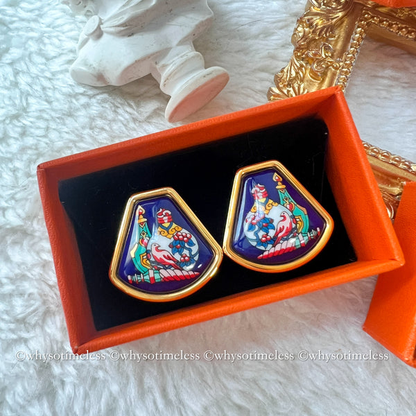 Vintage HERMÈS Émail Shippo Chinese Vase Pattern Ear Clips - Navy
