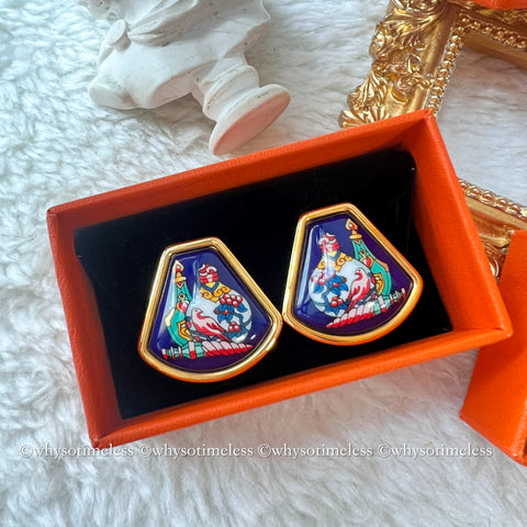 Vintage HERMÈS Émail Shippo Chinese Vase Pattern Ear Clips - Navy