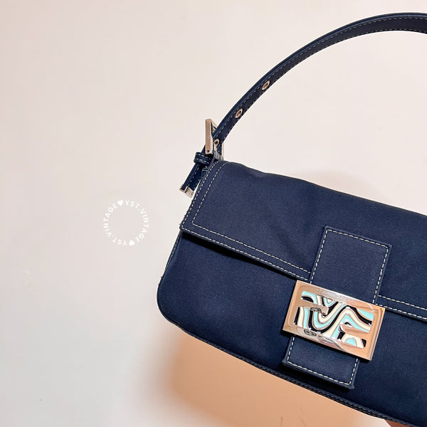 Vintage Fendi Enamel Buckle Jersey Baguette - Navy